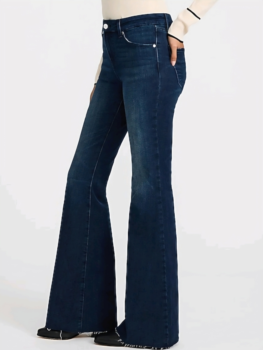 EXPRESS 70's‎ Flare Dark Wash Mid-Rise Hexx Hyper Stretch Raw Hem Flare Jeans L